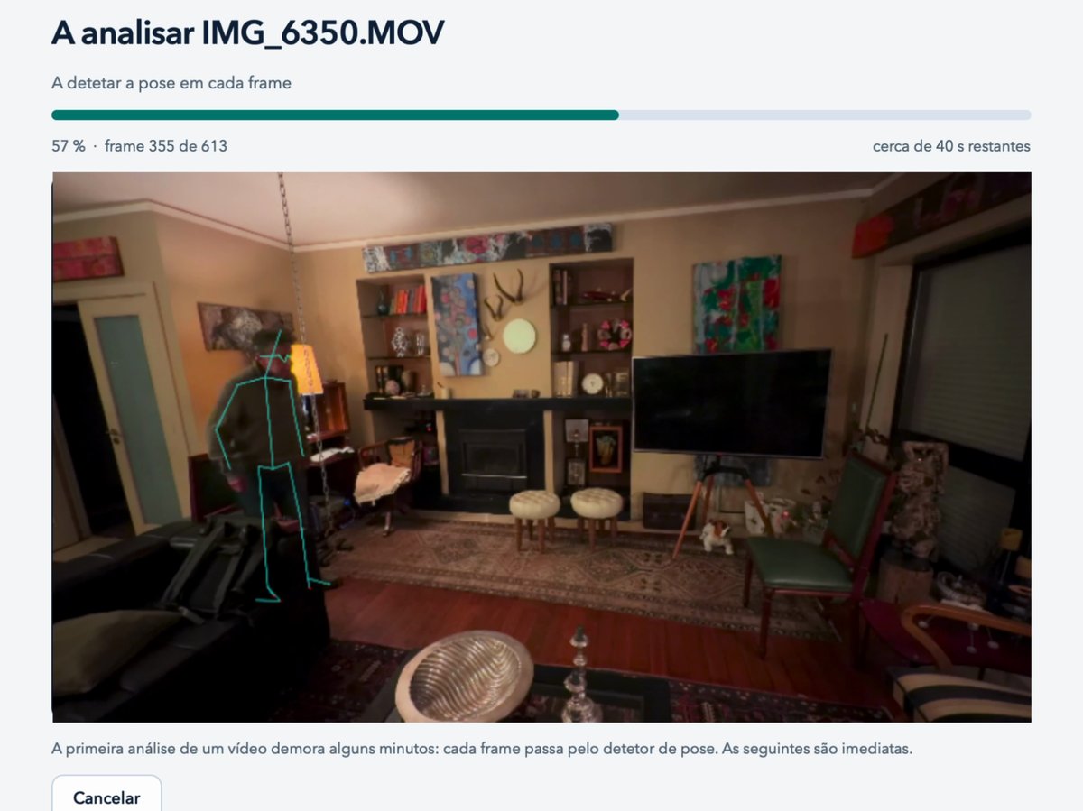 Ecrã de análise com a barra de progresso e o esqueleto detetado sobre o vídeo