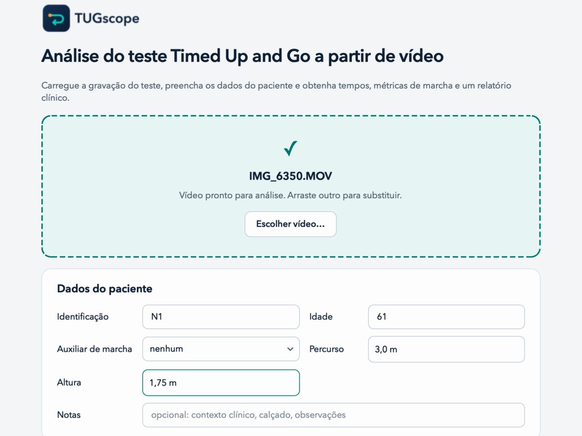 Ecrã inicial do TUGscope com o vídeo carregado e os dados do doente preenchidos
